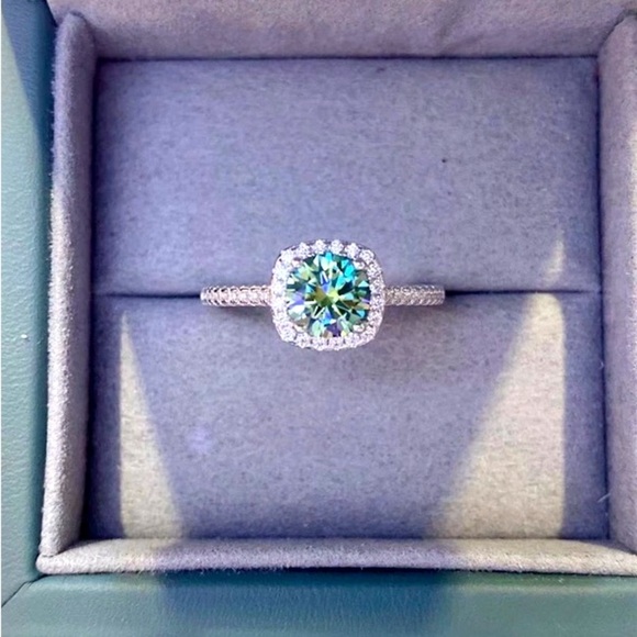 Blue Moissanite Ring, Brilliant Cushion Cut, Pave, Size 6, Engagement Ring